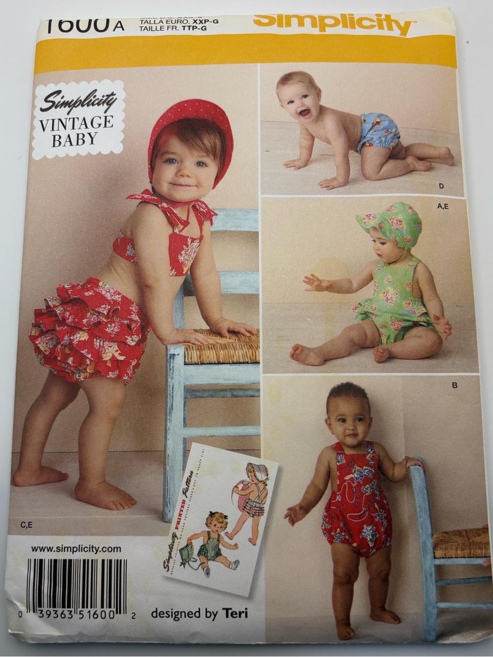 Simplicity 1600 Vintage Baby Rompers, Bikini, Panties, Bonnet Sz XXS-L UNCUT
